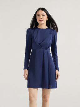 Twenty Dresses by Nykaa Fashion - Navy Blue Satin Round Neck Full Sleeves Mini Dress
