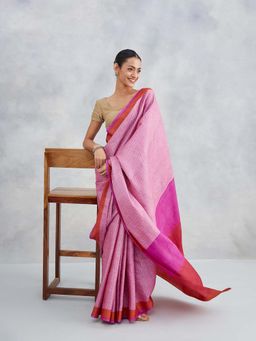 Fabindia - Pink Silk Hand Block Printed Saree Without Blouse