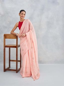 Fabindia - Pink Cotton Silk Hand Embroidery Saree Without Blouse