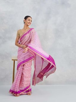 Fabindia - Natural Pink Silk Blend Hand Block Printed Saree Without Blouse