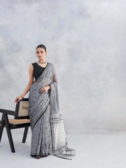 Fabindia - Grey Cotton Hand Block Printed Saree Without Blouse