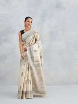 Fabindia - Beige Silk Hand Block Printed Saree Without Blouse