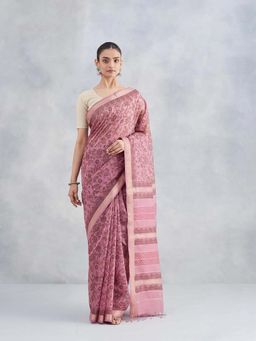 Fabindia - Mauve Cotton Silk Blend Hand Block Printed Saree Without Blouse