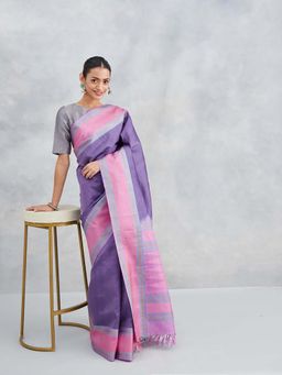 Fabindia - Purple Silk Hand Woven Saree Without Blouse