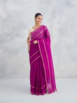Fabindia - Magenta Cotton Blend Saree Without Blouse