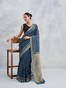 Fabindia - Indigo Cotton Silk Blend Dabu Printed Saree Without Blouse
