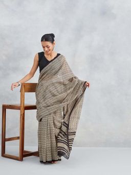 Fabindia - Beige Cotton Silk Bagru Printed Saree Without Blouse