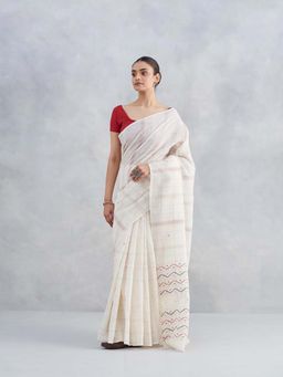 Fabindia - Natural Off White Cotton Blend Jamdani Saree Without Blouse