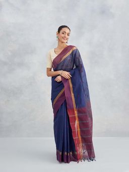Fabindia - Navy Blue Cotton Blend Saree Without Blouse