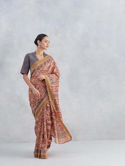 Fabindia - Red Cotton Silk Blend Kalamkari Printed Saree Without Blouse
