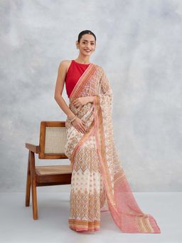 Fabindia - Natural Off White Cotton Silk Hand Block Printed Saree Without Blouse