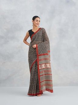 Fabindia - Black Cotton Silk Bagru Printed Saree Without Blouse