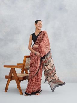 Fabindia - Red Cotton Silk Bagru Printed Saree Without Blouse
