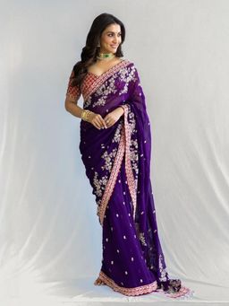 Odette - Women Purple Georgette Embellished Saree with Unstitched Blouse