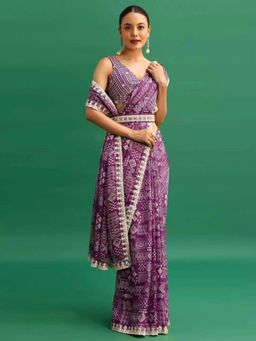 Odette - Women Purple Chinon Digital Print Saree with Unstitched Blouse
