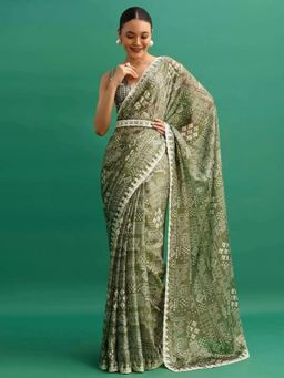 Odette - Women Green Chinon Digital Print Saree with Unstitched Blouse