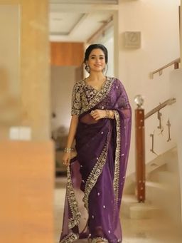 Odette - Women Purple Soft Organza Silk Embellished Saree with Unstitched Blouse