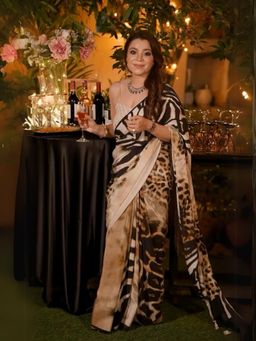 Odette - Women Cream and Brown Animal Print Saree with Unstitched Blouse