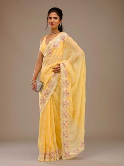 Odette - Women Yellow Crush Embroidered Saree with Unstitched Blouse