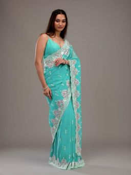 Odette - Women Sky Blue Crush Embroidered Saree with Unstitched Blouse