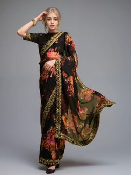 Odette - Women Black Georgette Printed Saree with Unstitched Blouse