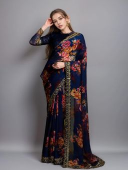 Odette - Women Blue Georgette Printed Saree with Unstitched Blouse