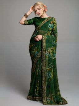Odette - Women Green Georgette Printed Saree with Unstitched Blouse