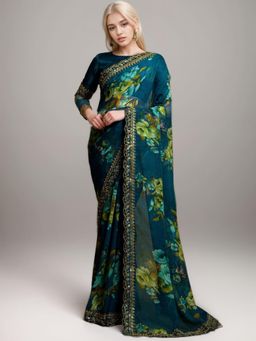 Odette - Women Teal Georgette Printed Saree with Unstitched Blouse