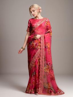 Odette - Women Pink Georgette Printed Saree with Unstitched Blouse