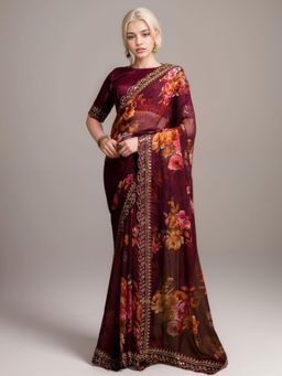 Odette - Women Wine Georgette Printed Saree with Unstitched Blouse