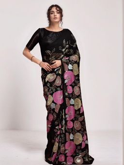 Odette - Women Black Georgette Embellished Saree with Unstitched Blouse