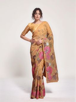 Odette - Women Beige Georgette Embellished Saree with Unstitched Blouse