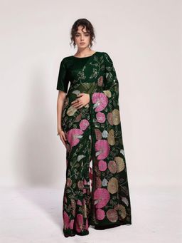 Odette - Women Dark Green Georgette Embellished Saree with Unstitched Blouse