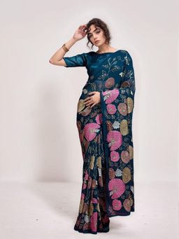 Odette - Women Teal Blue Georgette Embellished Saree with Unstitched Blouse