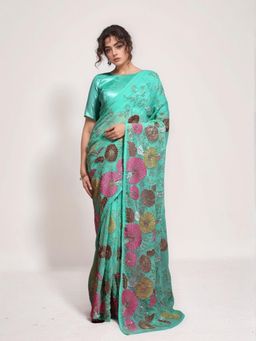 Odette - Women Teal Green Georgette Embellished Saree with Unstitched Blouse