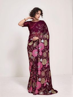 Odette - Women Wine Georgette Embellished Saree with Unstitched Blouse