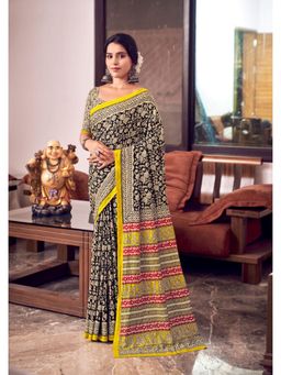 Suha - Festive Black Pure Cotton Mul Mul Saree with Unstitched Blouse