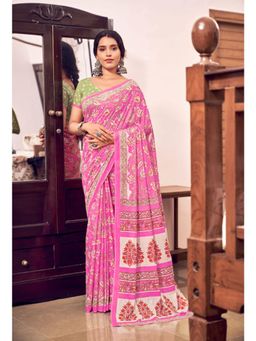 Suha - Festive Pink Color Pure Cotton Mul Mul Saree with Unstitched Blouse