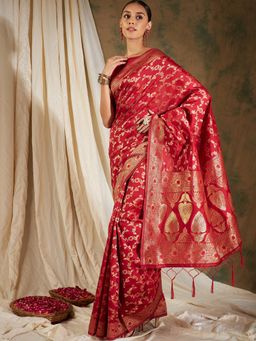 Suha - Women Fashion Ethnic Red Color Saree with Unstitched Blouse