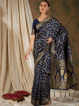 Suha - Women Fashion Ethnic Navy Blue Color Saree with Unstitched Blouse