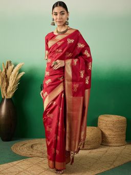 Suha - Women Fashion Ethnic Red Color Saree with Unstitched Blouse