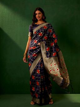 Suha - Women Fashion Ethnic Navy Blue Color Saree with Unstitched Blouse