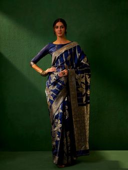 Suha - Women Fashion Ethnic Navy Blue Color Saree with Unstitched Blouse