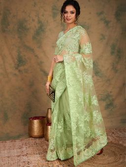 Suha - Women Fashion Ethnic Pista Green Color Saree with Unstitched Blouse