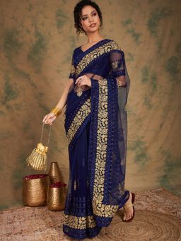 Suha - Women Fashion Ethnic Navy Blue Color Saree with Unstitched Blouse