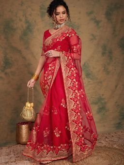 Suha - Women Fashion Ethnic Red Color Saree with Unstitched Blouse