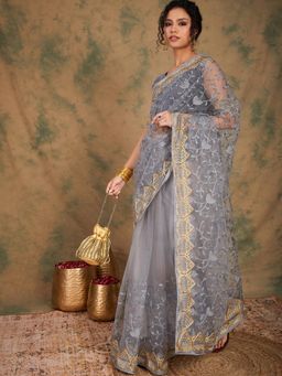 Suha - Women Fashion Ethnic Grey Color Saree with Unstitched Blouse