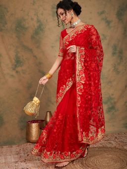 Suha - Women Fashion Ethnic Red Color Saree with Unstitched Blouse