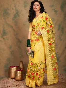 Suha - Women Fashion Ethnic Yellow Color Saree with Unstitched Blouse