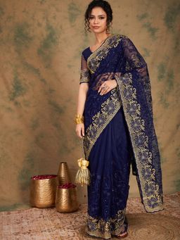 Suha - Women Fashion Ethnic Navy Blue Color Saree with Unstitched Blouse